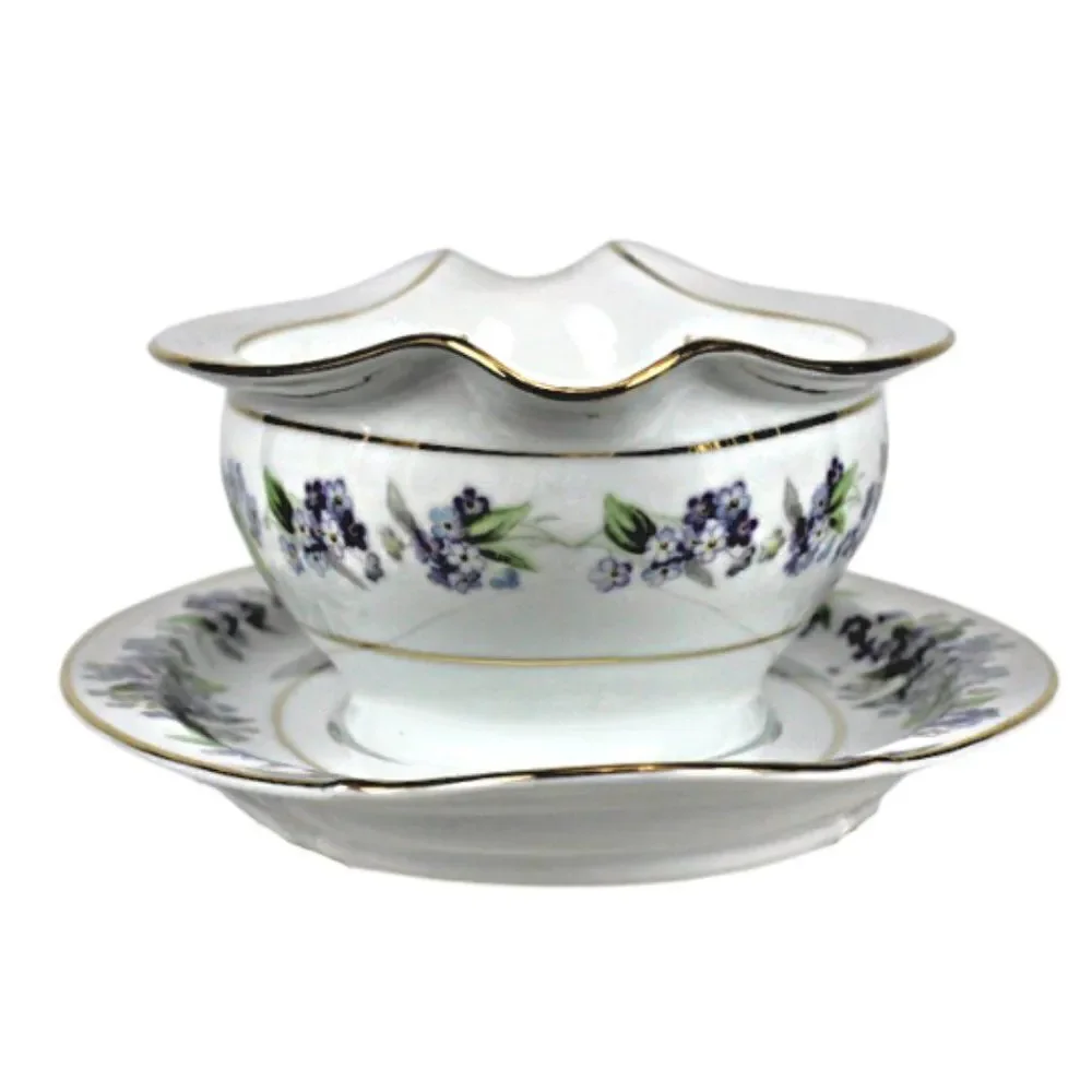 Noritake Gravy Boat China  Attached Plate Vintage Pattern Ramona Purple Flower